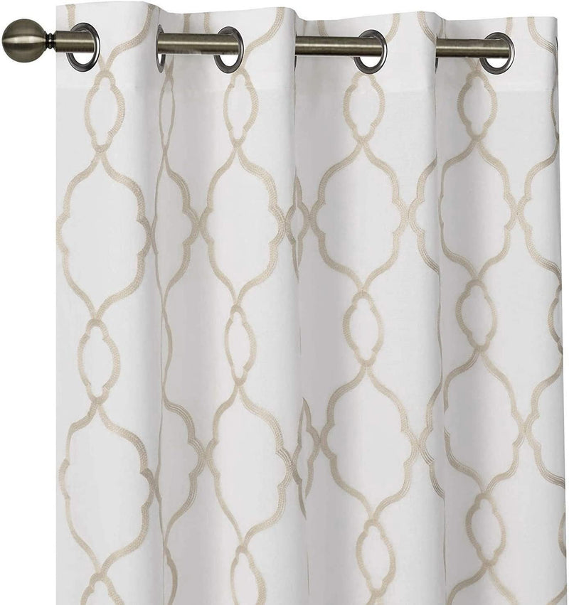 Goodgram 2 Pack Embroidered Semi Sheer Geometric Quatrefoil Grommet Top Window Curtains with Satin Backing for Privacy - Assorted Colors & Sizes (Gray, 84 In. Long)