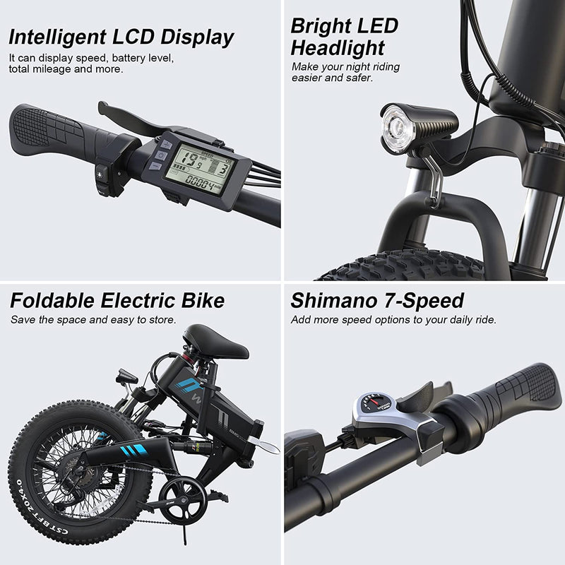 Wooken Electric Bike, 20'' Fat Tire Electric Bike for Adults, 500W Folding Electric Bike with 48V 10Ah Battery, Shimano 7 Speed Gears, Dual Shock Absorber, 20MPH Ebike for Commute Mountain Beach Snow Sporting Goods > Outdoor Recreation > Cycling > Bicycles Wooken   