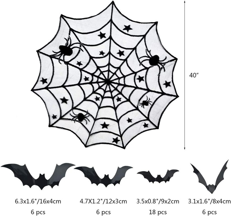 5Pack Halloween Decorations Tablecloth Runner Black Lace round Spider Cobweb Table Cover Fireplace Mantel Scarf Spiderweb Fireplace Scarf Spider Lampshade with 36Pcs Scary 3D Bat for Halloween Party  Tayfremn   