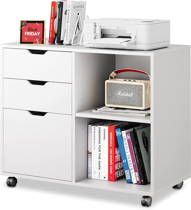 DEVAISE 3-Drawer Wood File Cabinet, Mobile Lateral Filing Cabinet, Printer Stand with Open Storage Shelves for Home Office, White Home & Garden > Household Supplies > Storage & Organization DEVAISE White 15.7"D x 31.5"W x 23.6"H 