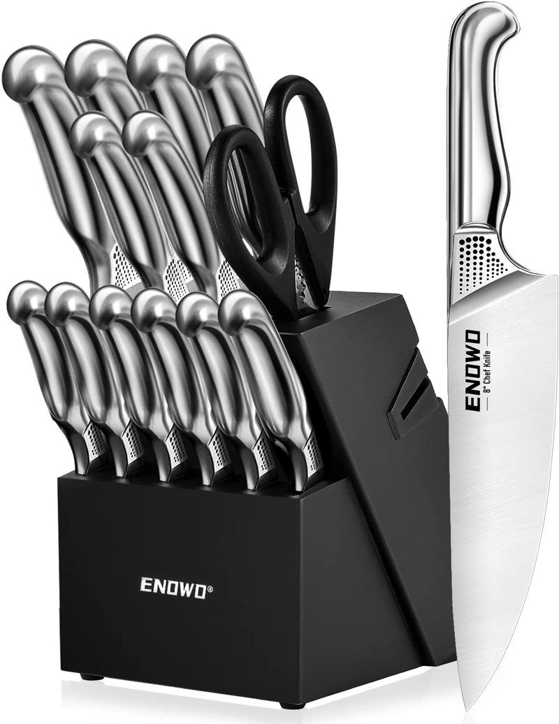 Enowo Kitchen Knife Set with Block, 14 Pieces German Stainless Steel Knife Block Set, Hollow Handle Chef Knife Set Built-In Sharpeners Right Home & Garden > Kitchen & Dining > Kitchen Tools & Utensils > Kitchen Knives enowo   