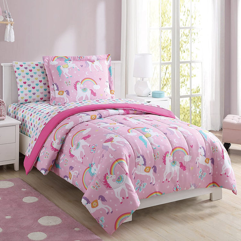 Super Soft, Cute, Fun and Whimsical Mainstays Kids Rainbow Unicorn with Images of Unicorns. Butterflies and Rainbows Girls Bed in a Bag Complete Bedding Set, Pink, Twin