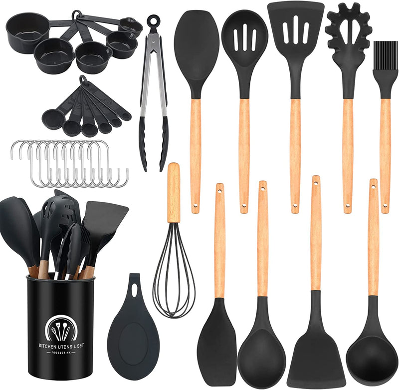 Cooking Utensils Set, Grandess 34 Pcs Wooden Handles Silicone Kitchen Utensils Set with Holder, Heat Resistant Kitchen Tools Gadgets Set with Turner Tongs, Spatula, Spoon, Brush, Whisk (Black Gray) Home & Garden > Kitchen & Dining > Kitchen Tools & Utensils Grandess   