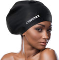 COPOZZ Extra Large Swim Cap, Designed for Long Hair Braids Dreadlocks Weaves Hair Extensions Curls & Afros, Silicone Bathing Cap Swimming Hat for Women Men Sporting Goods > Outdoor Recreation > Boating & Water Sports > Swimming > Swim Caps COPOZZ Black  