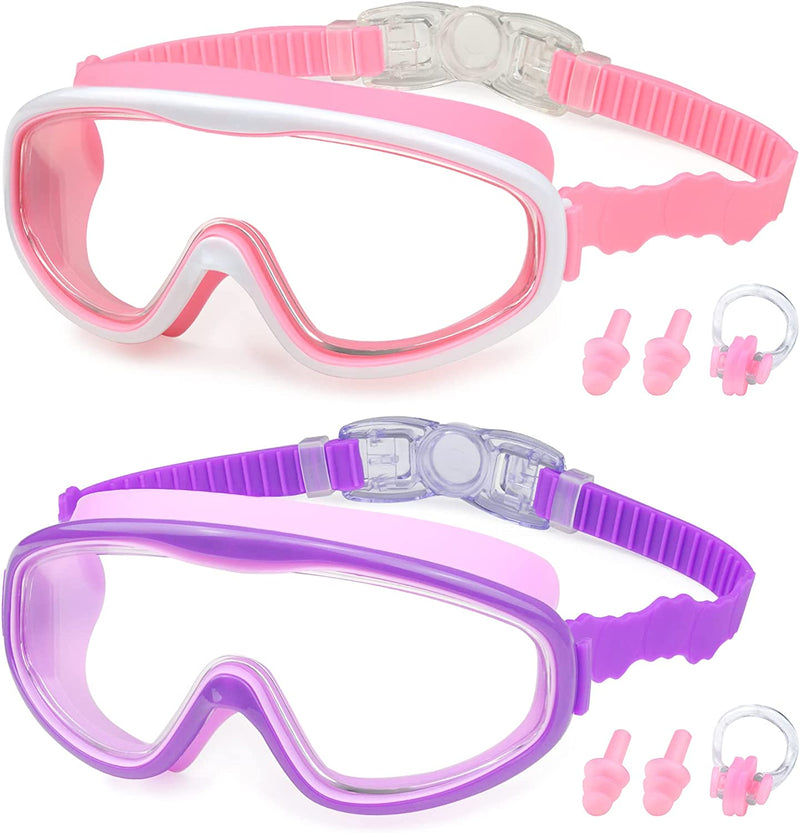 KAILIMENG Kids Swim Goggles, 2 Pack Swimming Goggles for Age 3-15, Anti-Fog Anti-Uv Cear Wide View Sporting Goods > Outdoor Recreation > Boating & Water Sports > Swimming > Swim Goggles & Masks KAILIMENG 2p.pink & Purple  