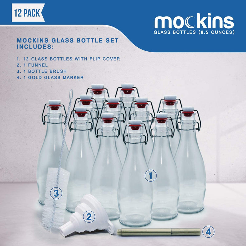 Nevlers Set of 12 | 8.5 Oz. Glass Bottle Set with Swing Top Stoppers and Includes Bottle Brush, Funnel and Gold Glass Marker | Swing Top Glass Bottles | Clear Glass Water Bottle Home & Garden > Kitchen & Dining > Tableware > Drinkware Nevlers   