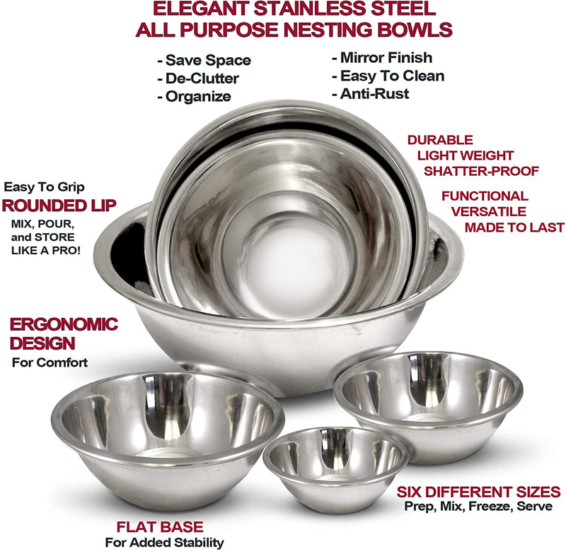 Stainless Steel Mixing Bowls Set (Set of 6) - Polished Mirror Kitchen Bowls, Nesting Bowls for Space Saving Storage, Ideal for Cooking, Baking & Serving, Food Prep & Salad Prep. Home & Garden > Kitchen & Dining > Kitchen Tools & Utensils Homearray   