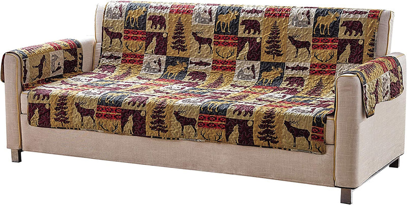 Rustic Cabin Lodge Quilt Stitched Couch Sofa Loveseat Chair Furniture Slipcover Protector with Patchwork of Wildlife Moose Grizzly Bears Deer Buck Antlers and Tribal Patterns - Western 3 (Chair)