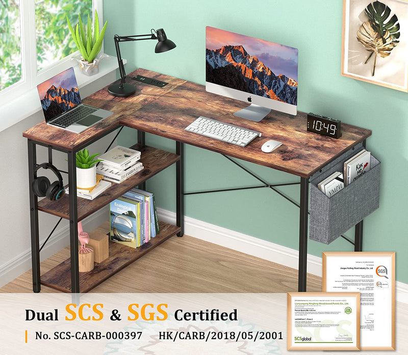 Mr IRONSTONE L Shaped Computer Desk with Power Outlet, Small Corner Home Office Desk for Small Spaces with Storage Shelves, Study Work Writing Desk Table for Workstation with Bag ＆ Hook, Rustic Brown Home & Garden > Household Supplies > Storage & Organization Mr IRONSTONE   