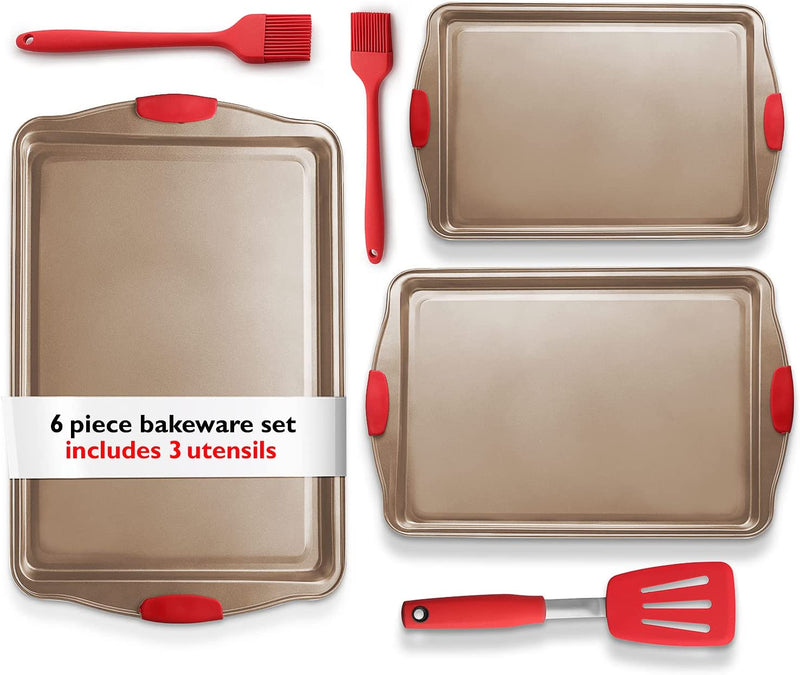 Eatex Nonstick Bakeware Sets with Baking Pans Set, 15 Piece Baking Set with Muffin Pan, Cake Pan & Cookie Sheets for Baking Nonstick Set, Steel Baking Sheets for Oven with Kitchen Utensils Set - Brown Home & Garden > Kitchen & Dining > Cookware & Bakeware EATEX Brown 6 Piece Set 