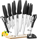 Kitchen Knife Set, GMFINE 17-Piece High Carbon Stainless Steel Knife Set with Acrylic Stand, Scissors, Peeler, Knife Sharpener and 13 Knives, Black Home & Garden > Kitchen & Dining > Kitchen Tools & Utensils > Kitchen Knives GMFINE Silver w/ Wood Base  
