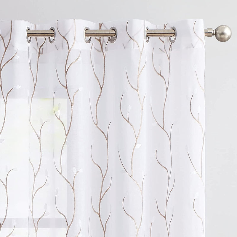 JINCHAN Sheer Embroidered Curtains for Living Room 84 Inch Length 2 Panels Leaf Pattern Voile for Bedroom Botanical Design Rod Pocket Top Window Treatments Sheers for Kitchen White on Taupe Home & Garden > Decor > Window Treatments > Curtains & Drapes CKNY HOME FASHION Vine White 63"L 