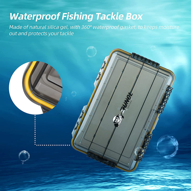 RUNCL Fishing Tackle Box, Waterproof Floating Airtight Stowaway, 3600/3700 Tray with Adjustable Dividers, Sun Protection, Thicker Frame, Fishing Storage Lure Box for Freshwater Saltwater, 2PCS