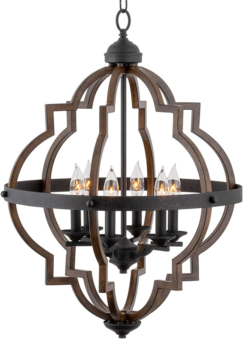 Kira Home Capistrano 28" 6-Light Rustic Farmhouse Chandelier, Wood Style Metal Frame, Textured Black Accents + Walnut Style Finish Home & Garden > Lighting > Lighting Fixtures > Chandeliers Kira Home Textured Black, Wood Style Walnut  
