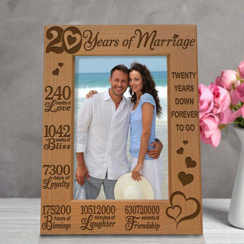 KATE POSH - 20 Years of Marriage, Our 20Th Anniversary Engraved Natural Wood Picture Frame, Twenty Years Together, Wedding for Husband & Wife (5X7 Vertical)