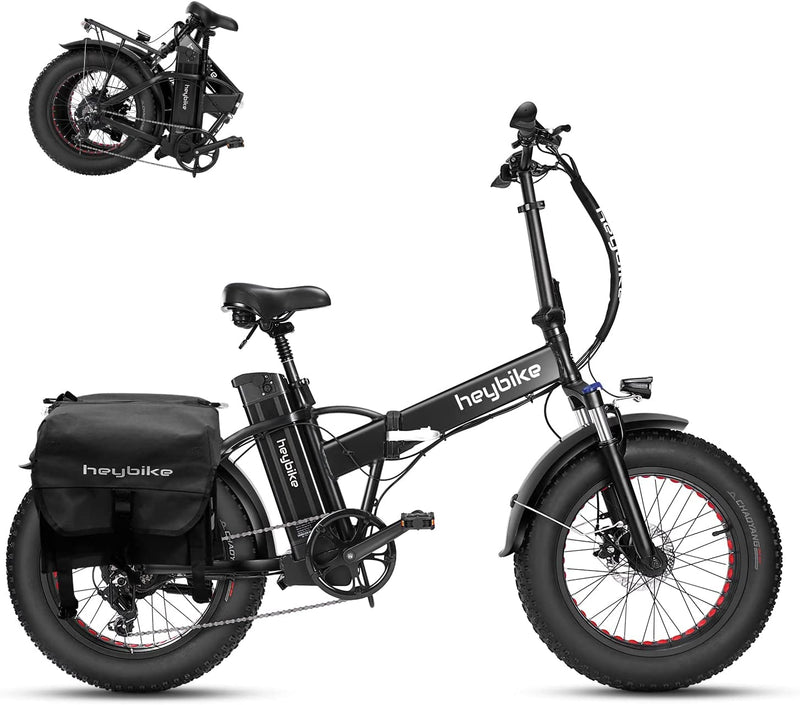 Heybike Mars Electric Bike Foldable 20" X 4.0 Fat Tire Electric Bicycle with 500W Motor, 48V 12.5AH Removable Battery and Dual Shock Absorber for Adults Sporting Goods > Outdoor Recreation > Cycling > Bicycles Heybike Black With Black Saddlebag 