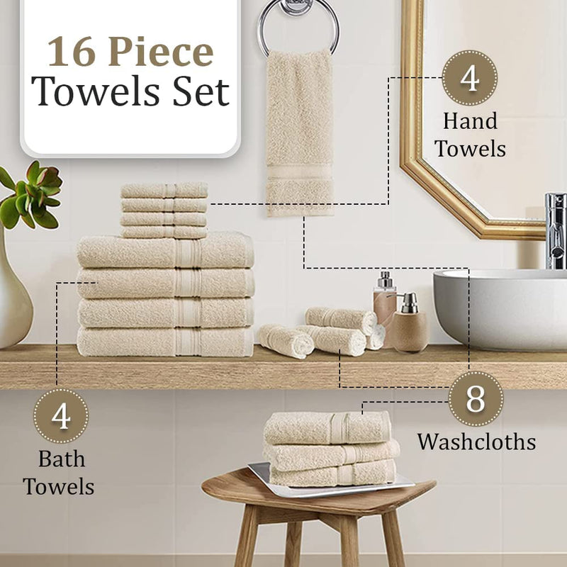 Luxurious 16 Piece 600 GSM 100% Combed Cotton Bath Towels Sets for Bathroom, Premium Quality Bathroom Towel Sets, Absorbent,Towels Large Bathroom (4 Bath Towels, 4 Hand Towels, 8 Wash Cloths) - Black Home & Garden > Linens & Bedding > Towels Chateau Home Collection   