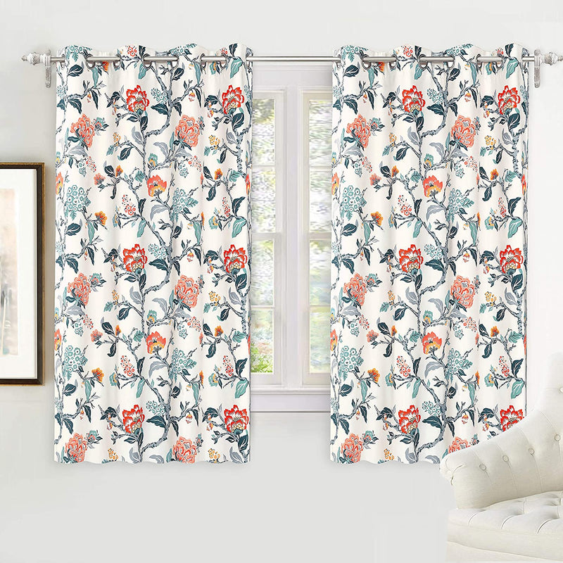 Driftaway Ada Floral Botanical Print Flower Leaf Lined Thermal Insulated Room Darkening Blackout Grommet Window Curtains 2 Layers Set of 2 Panels Each 52 Inch by 84 Inch Ivory Orange Teal Home & Garden > Decor > Window Treatments > Curtains & Drapes DriftAway Ivory Orange Teal 52"x54" 
