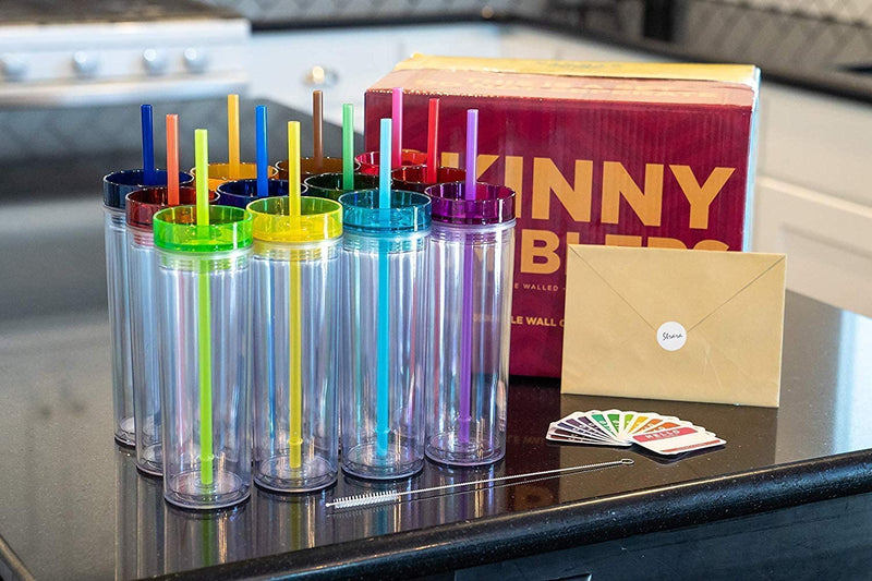 SKINNY TUMBLERS 12 Colored Acrylic Tumblers with Lids and Straws | Skinny, 16Oz Double Wall Clear Plastic Tumblers with FREE Straw Cleaner & Name Tags! Reusable Cup with Straw (Multicolors, 12) Home & Garden > Kitchen & Dining > Tableware > Drinkware STRATA CUPS   