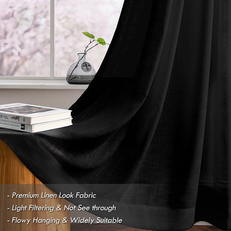 Melodieux Black Linen Textured Semi Sheer Curtains 84 Inches Long for Living Room Bedroom Rustic Flax Linen Grommet Voile Drapes, 52 by 84 Inch (2 Panels) Home & Garden > Decor > Window Treatments > Curtains & Drapes Melodieux   