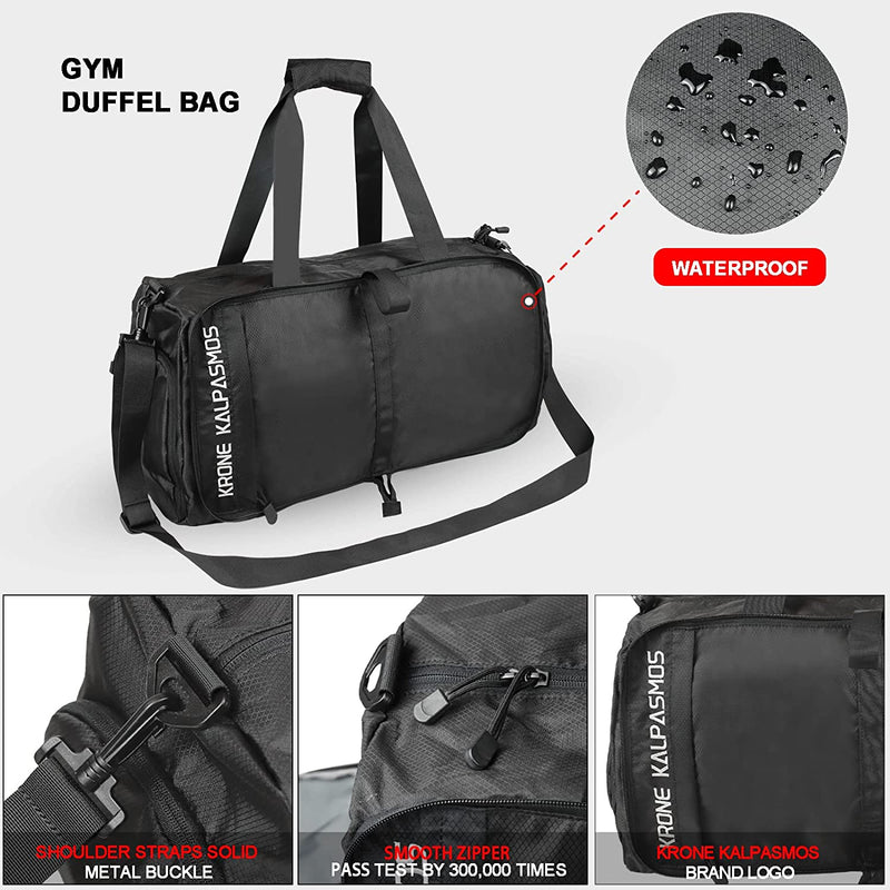 Gym Duffel Bag for Men Women, Foldable Men Duffel Bags Sports Bag with Shoe Compartment, Wet Pocket Waterproof 45L Travel Duffel Bag, Black
