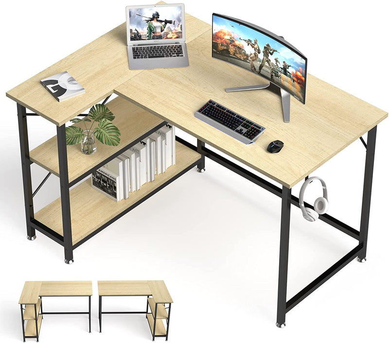 Sunyesyo L Shaped Computer Desk 47 in - Small Office Home Gaming Desk with Storage Shelves - Study Writing Corner Table, Reversible Sturdy Workstation, Work PC Desk, Beige Oak Home & Garden > Household Supplies > Storage & Organization SunyesYo Oak 47 in 