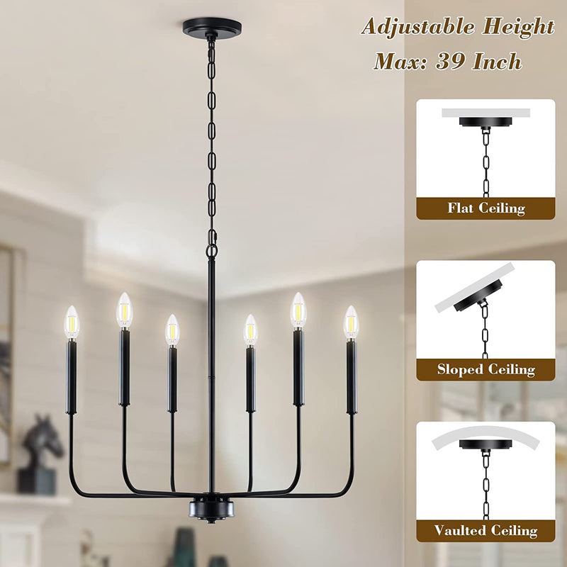 Cwarmozy Matte Black Farmhouse Chandelier 6-Light Classic Candle Chandelier Light Fixture for Dining Room Rustic Industrial Ceiling Pendant Light Retro Hanging Light for Kitchen Living Room Foyer Home & Garden > Lighting > Lighting Fixtures > Chandeliers CWarmozy   