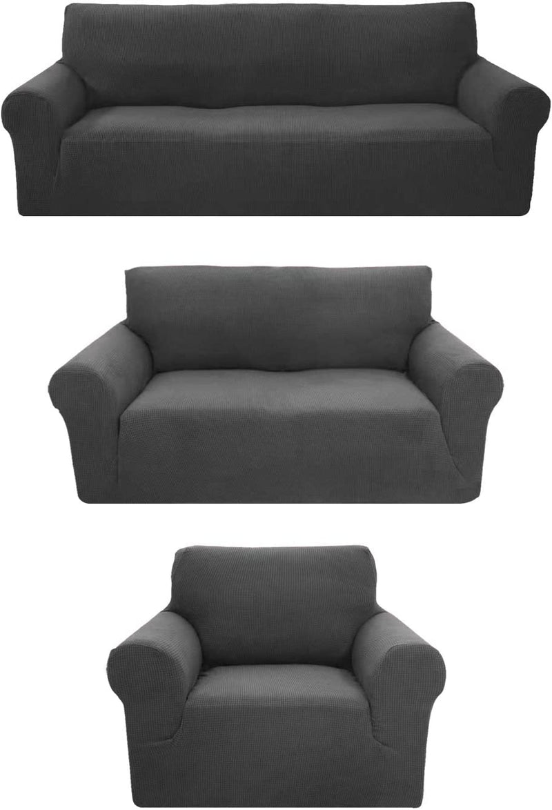 Sapphire Home 3-Piece Brushed Premium Slipcover Set for Sofa Loveseat Couch Arm Chair, Form Fit Stretch, Wrinkle Free, Furniture Protector Set for 3/2/1 Cushion, Polyester Spandex, 3Pc, Brushed, Brown Home & Garden > Decor > Chair & Sofa Cushions Sapphire Home Dark Gray 3pc set (Sofa, Love, Chair) 
