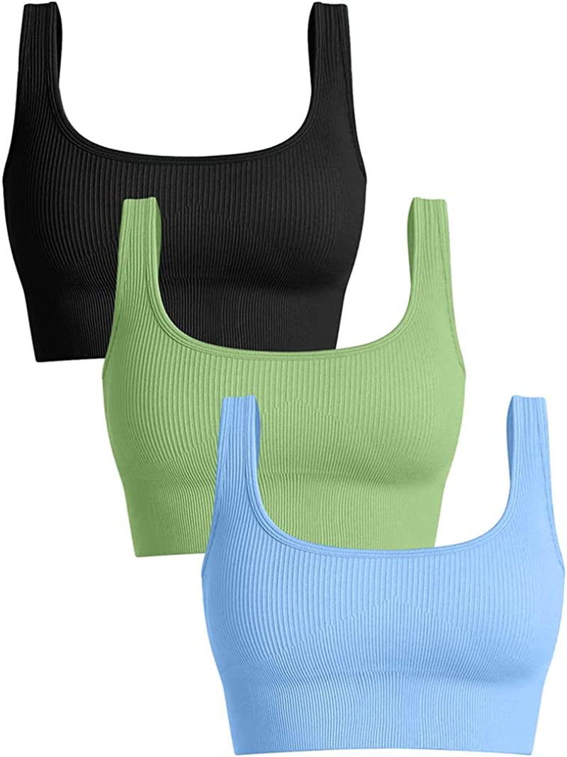 OQQ Women'S 3 Piece Medium Support Tank Top Ribbed Seamless Removable Cups Workout Exercise Sport Bra Sporting Goods > Outdoor Recreation > Winter Sports & Activities OQQ Black Green Candyblue Medium 