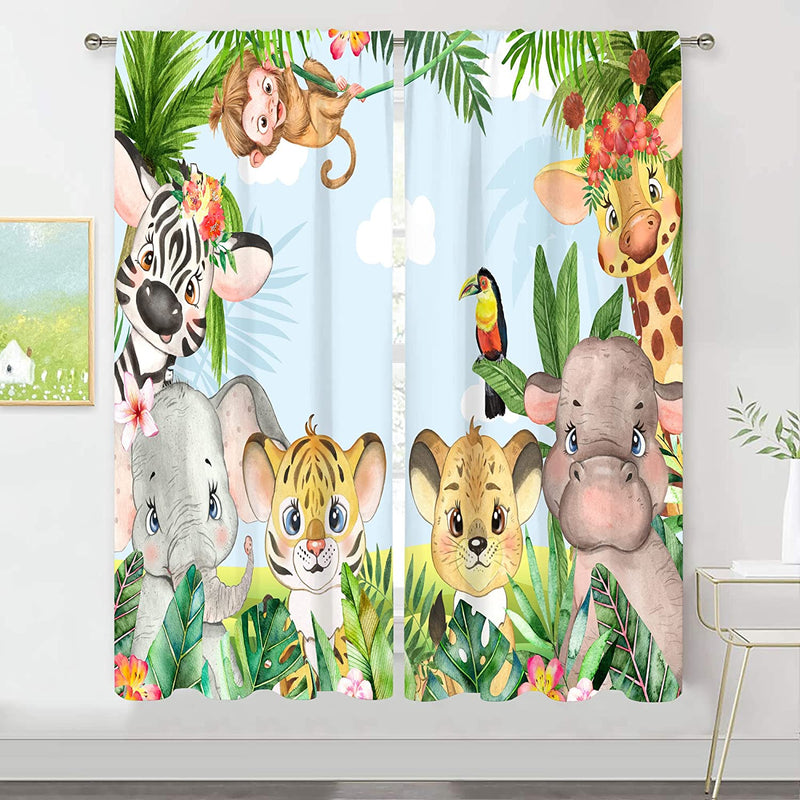 MESHELLY Baby Boy Nursery Jungle Safari Curtains 42(W) X 63(H) Inch Rod Pocket Kids Children Play Forest Lion Animal Printed Curtains for Living Room Bedroom Window Drapes Treatment Fabric 2 Panels Home & Garden > Decor > Window Treatments > Curtains & Drapes MESHELLY Cartoon Animal 42(W) x 63(H) 