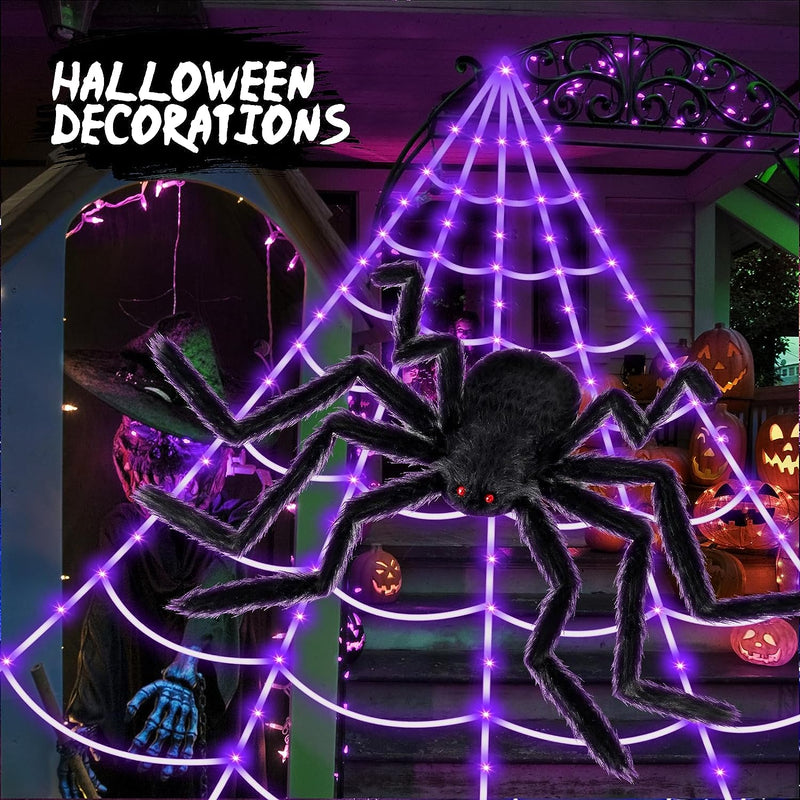 Brighter Spider Webs Halloween Decorations Lights,250 Purple LED Light Up,8 Modes 16.4Ft Giant Spiderweb with Remote Control,With Giant Spider,Halloween Decor for Yard Outside  Beforalla   