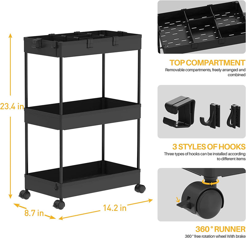 SPACELEAD 3 Tier Rolling Cart with Wheels, Storage Craft Art Cart Trolley Organizer Serving Cart, 3 Hanging Baskets Easy Assembly, for Office, Living Room, Kitchen, Black Home & Garden > Household Supplies > Storage & Organization SPACELEAD   