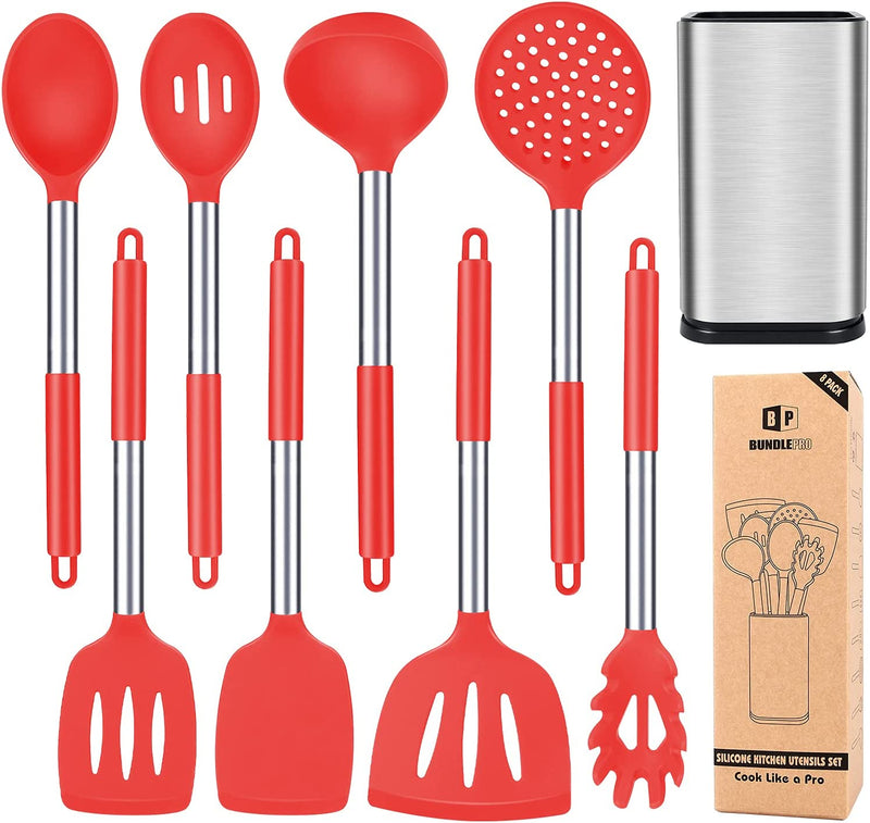 Silicone Cooking Utensil Set, 8Pcs Non-Stick Cookware with Stainless Steel Handle, BPA Free Heat Resistant Kitchen Tools with Spatulas, Turners, Spoons, Skimmer and Pasta Fork Home & Garden > Kitchen & Dining > Kitchen Tools & Utensils BUNDLEPRO Red  