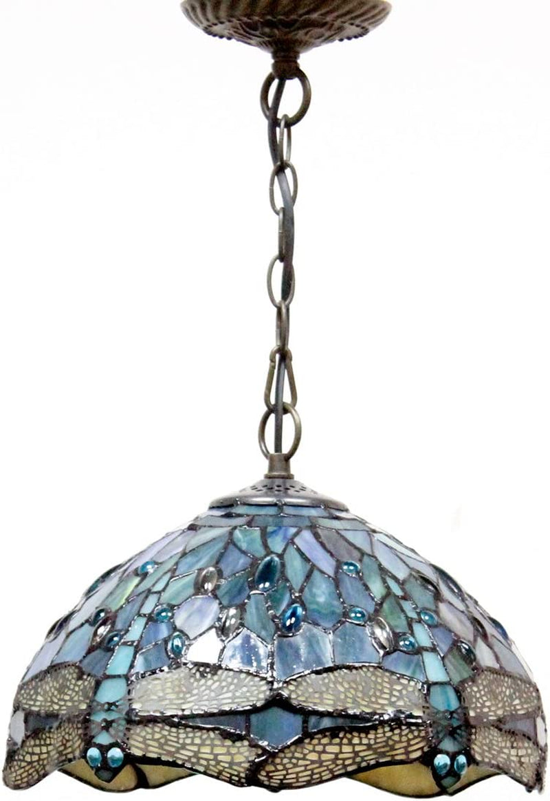 WERFACTORY Tiffany Pendant Light Fixture Sea Blue Stained Glass Dragonfly Hanging Lamp Wide 12 Inch Height 32 Inch S147 Series