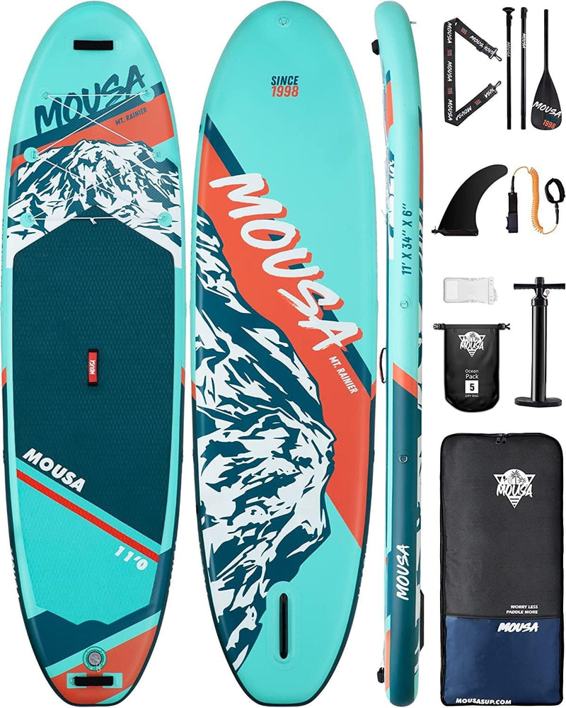 MOUSA Inflatable Stand up Paddle Boards, 11'X34''X6'' Ultra Wide SUP W/Shoulder Strap, 1600D Backpack, 6 Extra D-Rings, All-Round Paddleboard W/Floatable Paddle, US Central Fin, 2-Action Pump, Leash Sporting Goods > Outdoor Recreation > Fishing > Fishing Rods Mousa snow green  