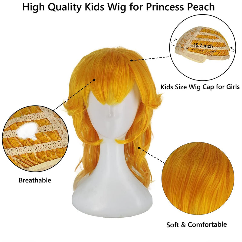 Enccfoeo Princess Peach Costume Dress Girls Kids with Crown Wig Gloves and Earrings Super Brother Cosplay Halloween Costumes  Enccfoeo   