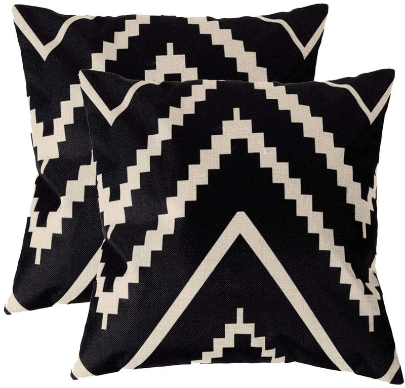 7COLORROOM Modern Geometry Style Throw Pillow Covers Black&Beige Stripes Cotton Linen Square Home Decorative Cushion Cover Pillowcase 18”×18”,2Pack for Sofa,Couch,Bed Home & Garden > Decor > Chair & Sofa Cushions 7COLORROOM   