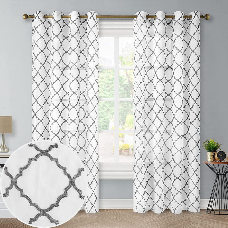 HOMEDIAS Grey Moroccan Sheer Curtains Embroidery Curtains for Bedroom Room 52 X 84 Inch Long Grommet Top Semi Sheer Curtains Light Filtering Voile Curtains 2 Panels Window Curtains Home & Garden > Decor > Window Treatments > Curtains & Drapes HOMEIDEAS Grey-moroccan 52"W X 84"L 