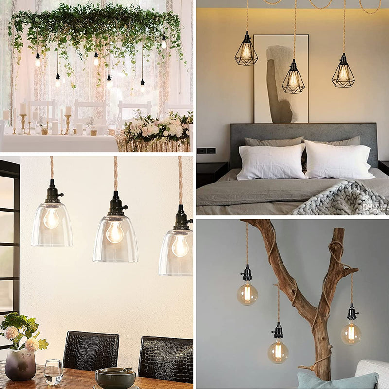 Pendant Light Cord Kit with Dimmer Switch, 28.5Ft Dimmable Plug in Hanging Light with Triple E26 Base Light Socket, Vintage Twisted Hemp Rope Farmhouse Hanging Light Fixture for Bedroom Living Room
