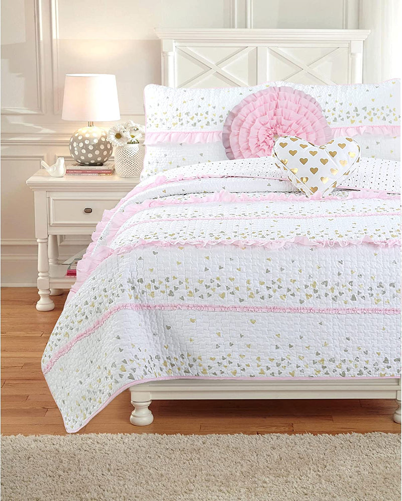 Cozy Line Home Fashions Pink Green Chic Ruffles Girl 100% Cotton Reversible Quilt Bedding Set, Coverlet, Bedspreads (Twin - 2 Piece: 1 Quilt + 1 Sham) Home & Garden > Linens & Bedding > Bedding Cozy Line Home Fashions Sparkling Hearts Queen 