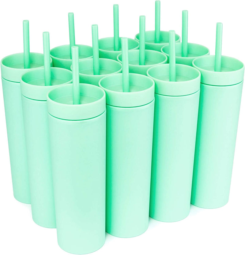 SKINNY TUMBLERS (12 Pack) Matte Pastel Colored Acrylic Tumblers with Lids and Straws | 16Oz Double Wall Plastic Tumblers with FREE Straw Cleaner! Reusable Cup with Straw | Vinyl DIY Gifts (Black) Home & Garden > Kitchen & Dining > Tableware > Drinkware STRATA CUPS Mint  