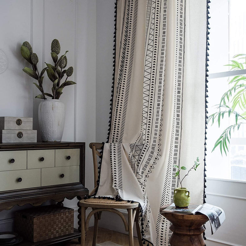 Hughapy Boho Curtains for Bedroom Bohemian Geometric Tassel Curtains Rod Pocket Cotton Linen Farmhouse Country Style Room Darkening Curtain Panel for Living Room, 1 Panel (59W X 87L, Cream) Home & Garden > Decor > Window Treatments > Curtains & Drapes Hughapy   