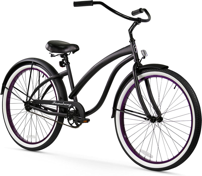Firmstrong Bella Classic Single Speed Beach Cruiser Bicycle Sporting Goods > Outdoor Recreation > Cycling > Bicycles Firmstrong Matte Black/Purple Rims 26" / 1-Speed 