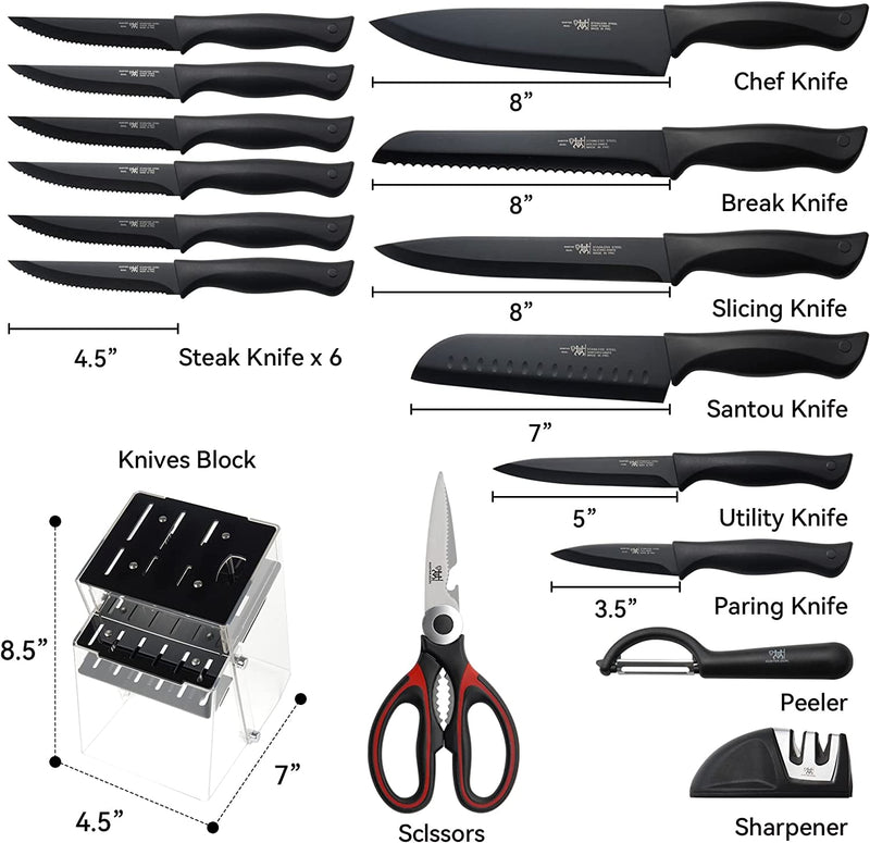 HUNTER Knife Set, Kitchen Knife Set 16PCS Black Knife Set, Knife Set with Acrylic Stand, Knife Set Dishwasher Safe, Sharp Knife Set, Elegant Black