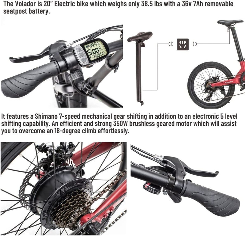 QUALISPORTS Volador Folding Electric Bike Lightweight 20" Tire Foldable Ebike 36V 7Ah Removable Seatpost Battery 350W Motor Shimano 7 Speed 20MPH Portable Electric Bicycle for Adults Commuter Sporting Goods > Outdoor Recreation > Cycling > Bicycles Changzhou Qualisports Technology Co.,Ltd   