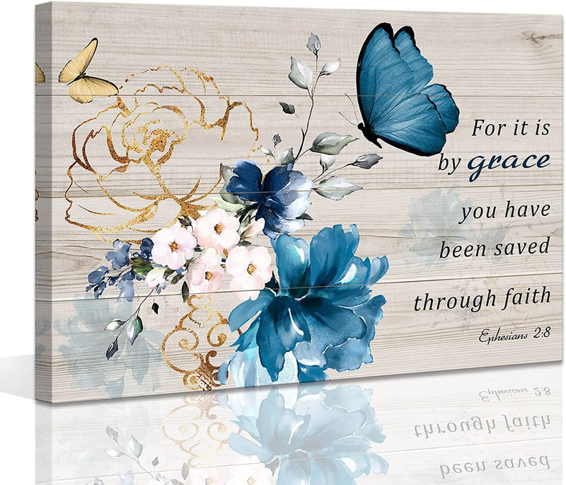 Butterfly Bathroom Decor Bible Verse Inspirational Wall Art Canvas Christian Home Decorations Blue Flower Prints Wall Pictures Artwork for Home Walls Grace Canvas Art Room Decor Framed 12X16Inch