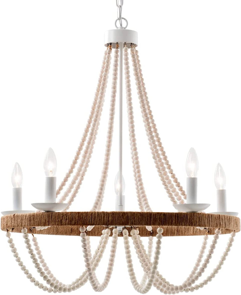 ELYCCUPA 5 Lights Bohemia Wood Beaded Chandelier Farmhouse Antique Rustic Pendant Light for Bedroom Kitchen Island Dining Living Room, White, Dia 22 Inch Home & Garden > Lighting > Lighting Fixtures > Chandeliers ELYCCUPA Candles  