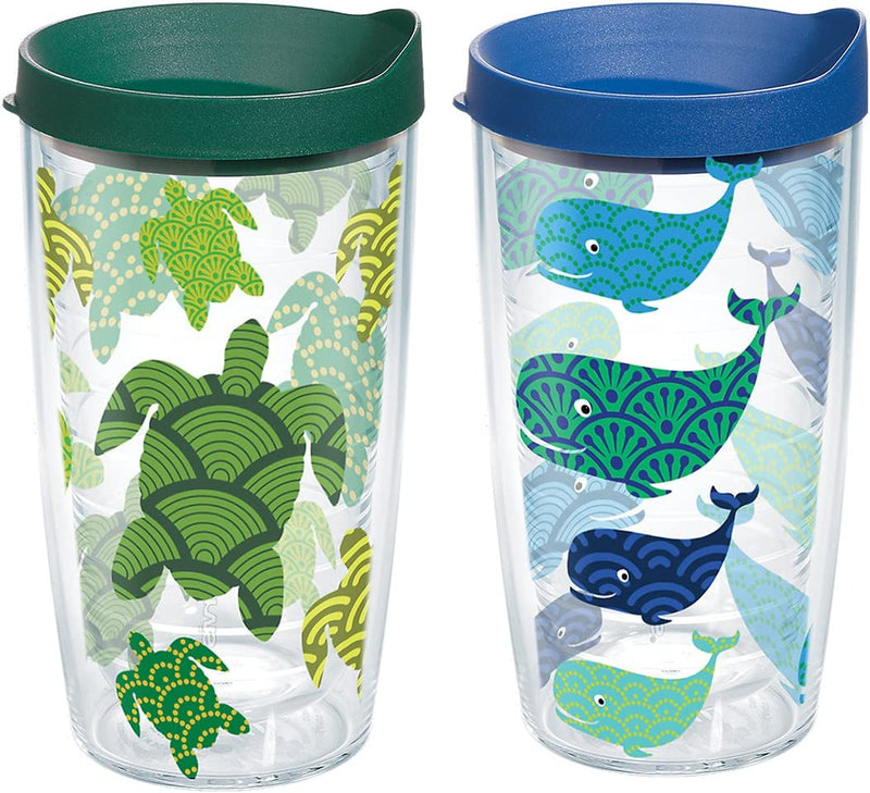 Tervis Turtle and Whale Pattern Tumbler with Wrap and Assorted Lid 2 Pack 16Oz, Clear