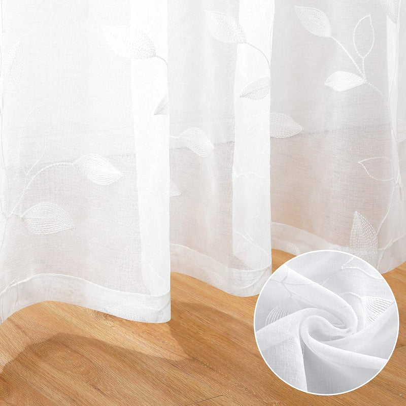 HOMEIDEAS White Sheer Curtains 52 X 63 Inches Length 2 Panels Embroidered Leaf Pattern Pocket Faux Linen Floral Semi Sheer Voile Window Curtains/Drapes for Bedroom Living Room Home & Garden > Decor > Window Treatments > Curtains & Drapes HOMEIDEAS   