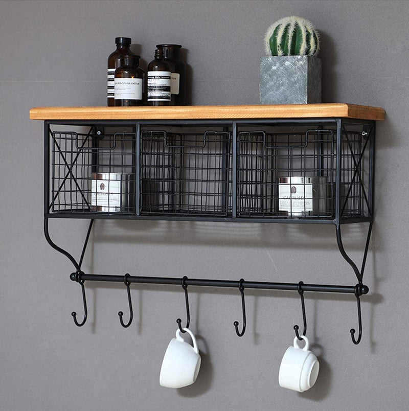 Industrial Wall Mounted Metal Wood Shelf with Baskets Hooks Hanging Storage Rack Display Shelf Sundries Holder for Coffee Bar Kitchen Office Bathroom Organization and Home Decor, Black